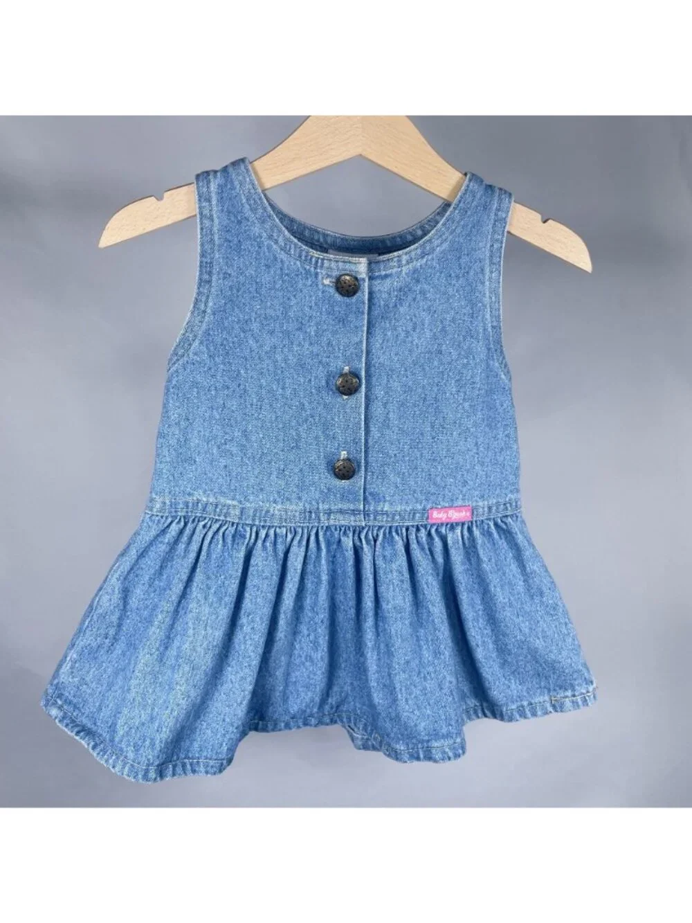 Vintage Oshkosh Girls Light Wash Denim Ruffle Snap Dress 12m